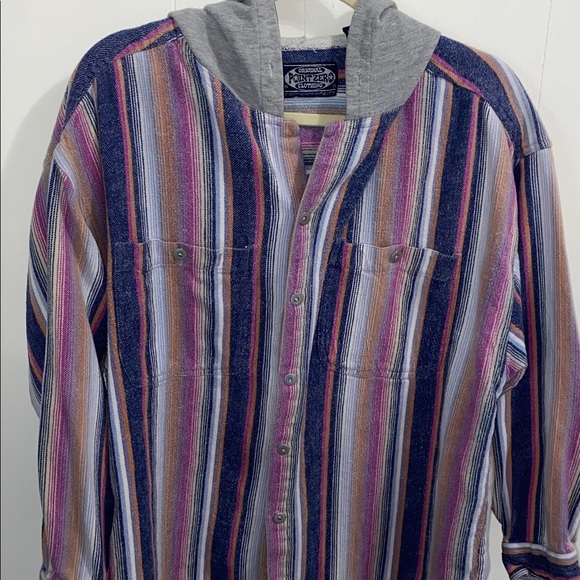 90’s Point Zero Multicolor Striped Flannel Shirt with Gray Hood XL - Picture 3 of 9